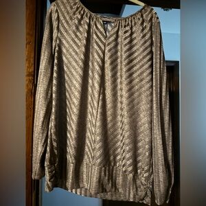 Blouse, gray/tan. Angled stripes.